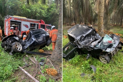 Keadaan Perodua Myvi dipandu mangsa yang terbabas dalam kemalangan di Kilometer 157 Jalan Kuantan-Seremban dekat Muadzam Shah di sini pada Ahad.