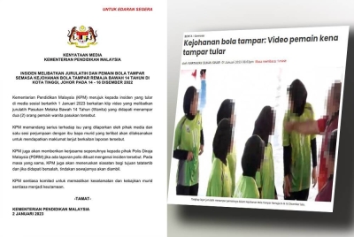 Kenyataan akhbar KPM berhubung insiden jurulatih tampar pemainnya. dan Laporan Sinar Harian pada Ahad.