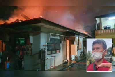 Kebakaran mengorbankan dua mangsa dalam kejadian di Jalan Dewan Simpang Tiga pada Isnin. (Gambar kecil: Lokman Marni)