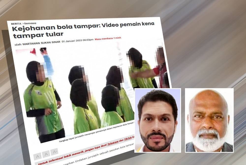 Laporan Sinar Harian pada Ahad mengenai seorang individu yang didakwa jurulatih pasukan bola tampar bertindak menampar dua pemainnya dalam satu kejohanan pada 16 Disember lalu. Gambar kecil dari kiri: Zalmizy, Shahul