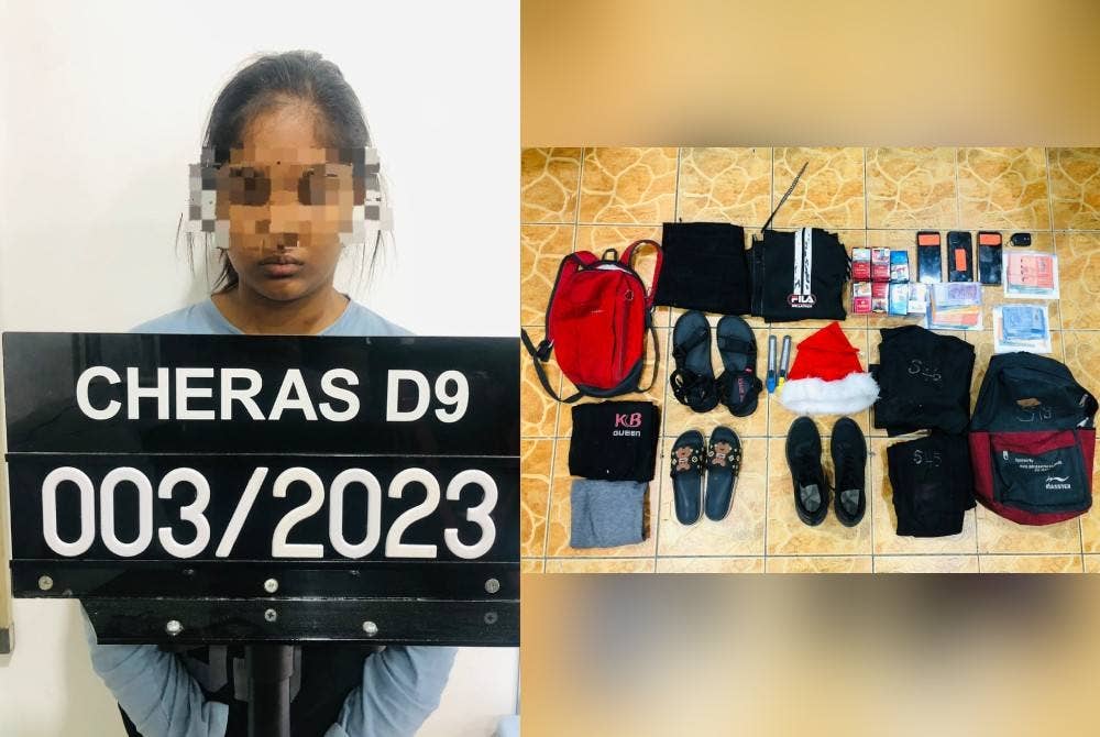 Wanita ini antara tiga ditahan disyaki terlibat kes samun kedai serbaneka di Cheras Sabtu lalu. Antara barangan yang dirampas semasa serbuan berkenaan. - Foto PDRM