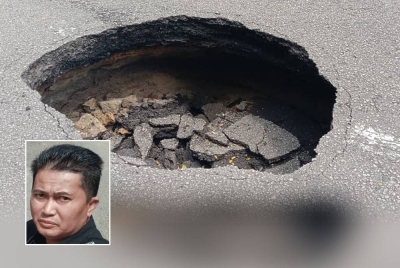 Lubang besar di jalan Dato Lim Hoe Lek yang mengundang bahaya kepada pengguna jalan raya. Gambar kecil: Mohd Shukri
