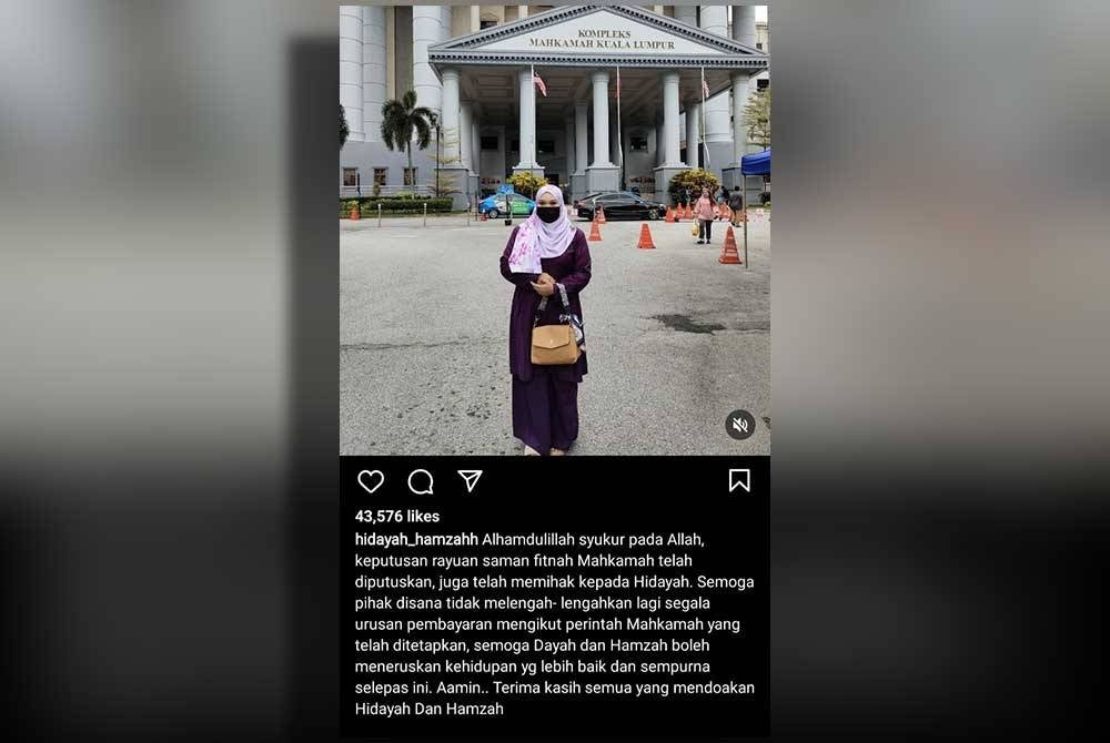Siti Nor Hidayah menerusi perkongsian di akaun Instagram berharap bayaran berkenaan dibuat mengikut perintah mahkamah.