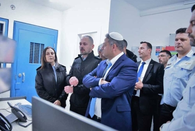 Ben-Gvir (tengah) ketika diberikan taklimat oleh pegawai penjara Nafha