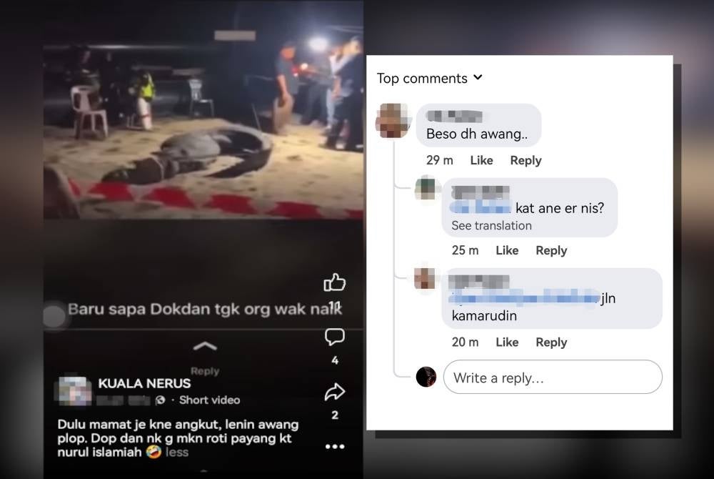 Tangkap layar perkongsian video seekor buaya sesat yang kononnya dikatakan berlaku di Kuala Terengganu. Komen yang ditinggalkan netizen yang mengatakan kejadian berlaku di Jalan Kamaruddin, Kuala Terengganu.