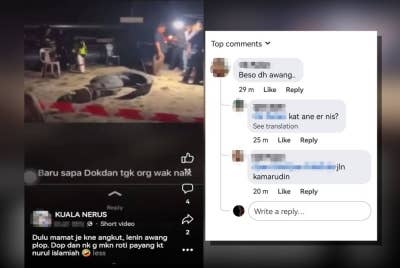 Tangkap layar perkongsian video seekor buaya sesat yang kononnya dikatakan berlaku di Kuala Terengganu. Komen yang ditinggalkan netizen yang mengatakan kejadian berlaku di Jalan Kamaruddin, Kuala Terengganu.