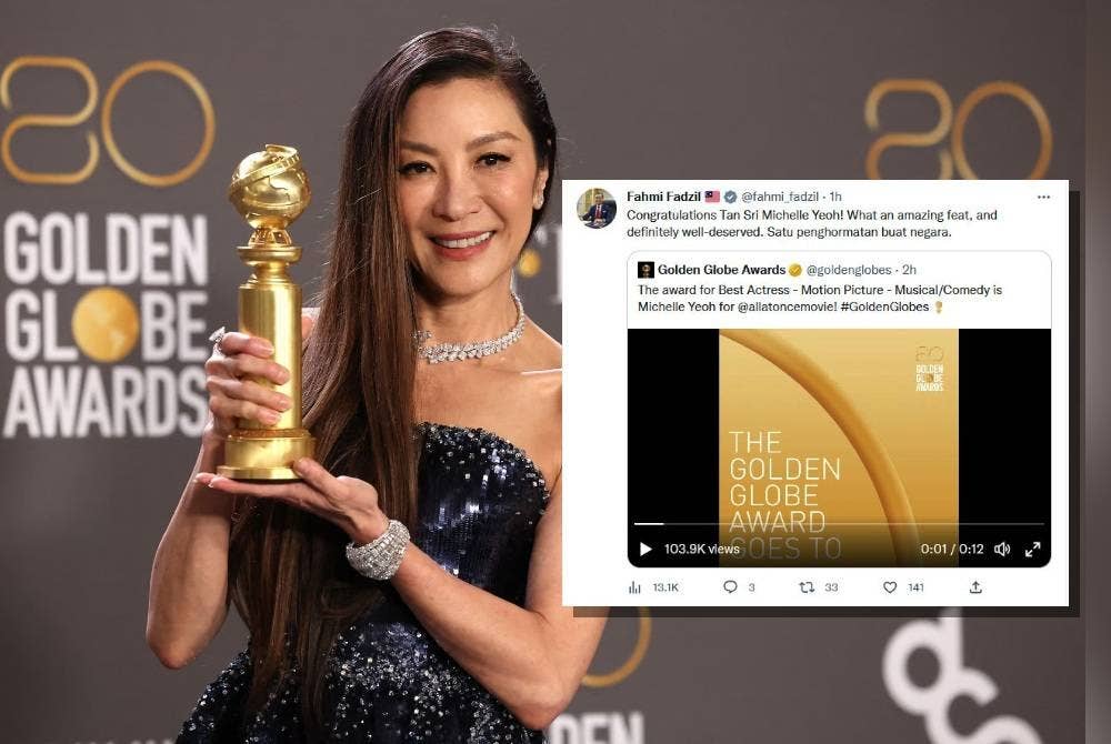 Michelle Yeoh bergambar bersama trofi anugerah Pelakon Wanita Terbaik dalam Filem Muzikal atau Komedi untuk 'Everything Everywhere All at Once' pada Anugerah Golden Globe Tahunan ke-80 di Beverly Hills, California. - Foto Reuters. Tangkap layar ucapan tahniah di Twitter Fahmi Fadzil pada Rabu
