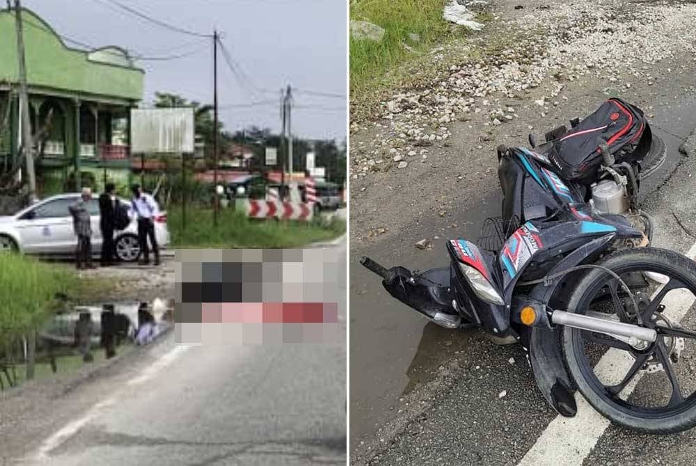 Mangsa maut manakala motosikalnya remuk selepas terbabit dalam kemalangan di Jalan Kuala Krai pada Rabu. - Foto ihsan PDRM