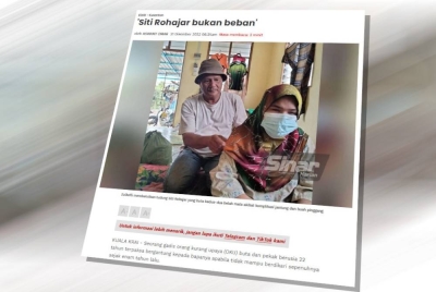 Laporan Sinar Harian mengenai kesukaran hidup Zulkefli dan Siti Rohajar pada 31 Disember lalu.
