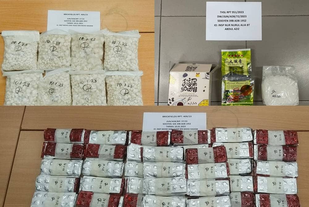 Pelbagai jenis dadah bernilai RM154,000 berjaya dirampas dalam dua serbuan berasingan Selasa lalu. Foto PDRM