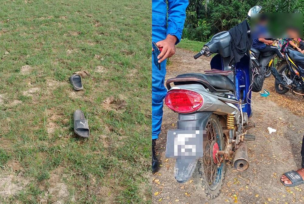 Selipar dan motosikal yang dipercayai milik mangsa ditemui di tebing sungai. Foto: Ihsan JBPM
