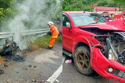 Gambar kiri Keadaan motosikal mangsa yang terbakar dalam kejadian kemalangan di KM 55 Jalan Lipis-Merapoh pada Sabtu. - Foto:Ihsan PDRM Gambar kanan: Keadaan kenderaan pacuan empat roda yang dipandu seorang lelaki berusia 49 tahun itu.