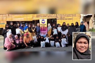 Sebahagian anak yatim dari Rumah Anak Yatim Raisya, Pasir Pekan, Tumpat bersama ahli Persatuan Peduli Ibu Tunggal dan Asnaf Kelantan selepas program sumbangan pakaian sekolah. (Gambar kecil: Khalijah)