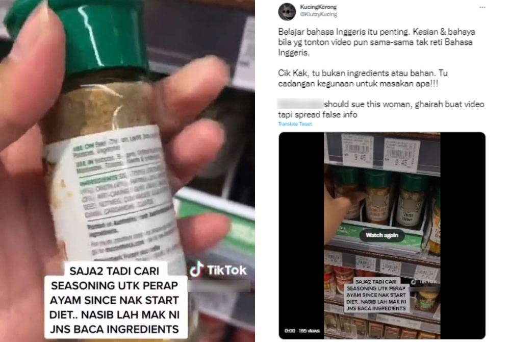 Tangkap layar video tular di TikTok yang berkongsikan maklumat tidak tepat berkenaan sebuah produk rempah yang dipasarkan di dalam negara. (Gambar kanan: Tangkap layar ciapan di Twitter yang mengecam video tular tersebut.)