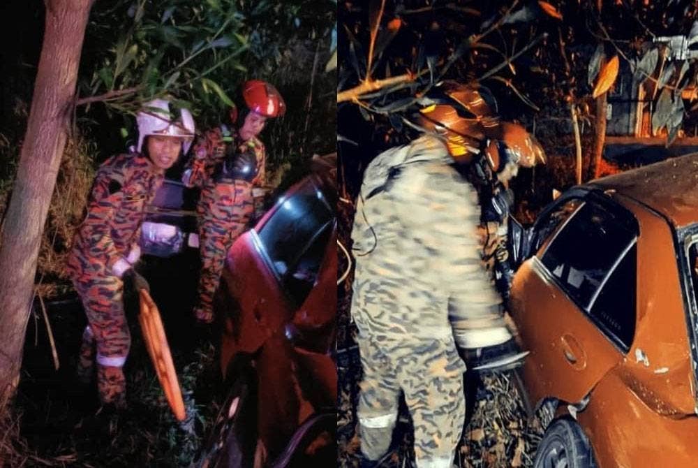 Anggota bomba mengeluarkan mangsa kemalangan yang tersepit selepas terbabas di Lebuhraya Perling, Johor Bahru pada Jumaat.