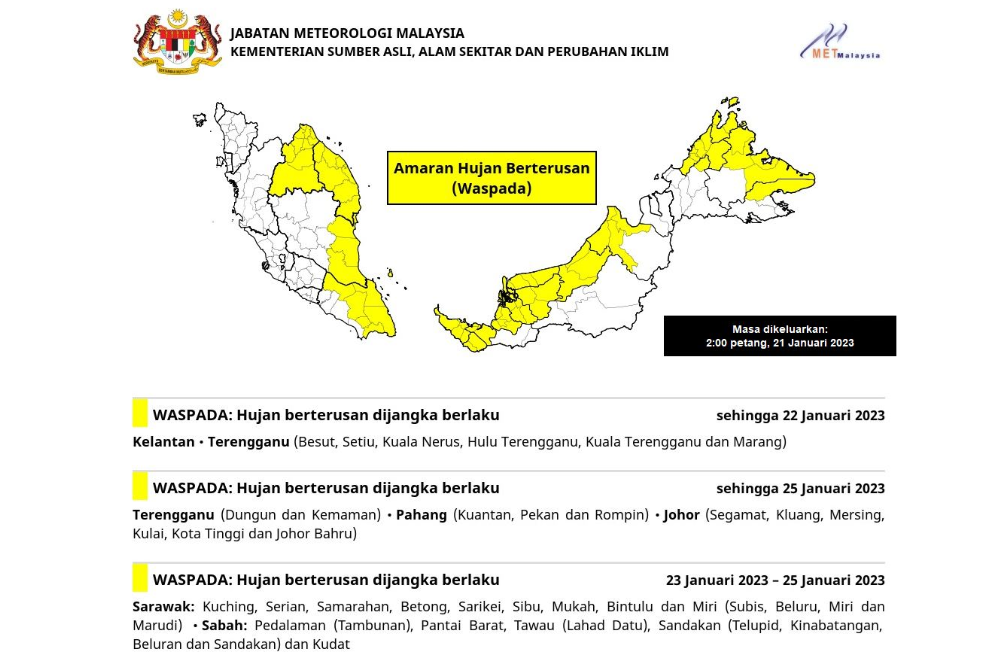 Amaran hujan berterusan yang dikeluarkan MetMalaysia.