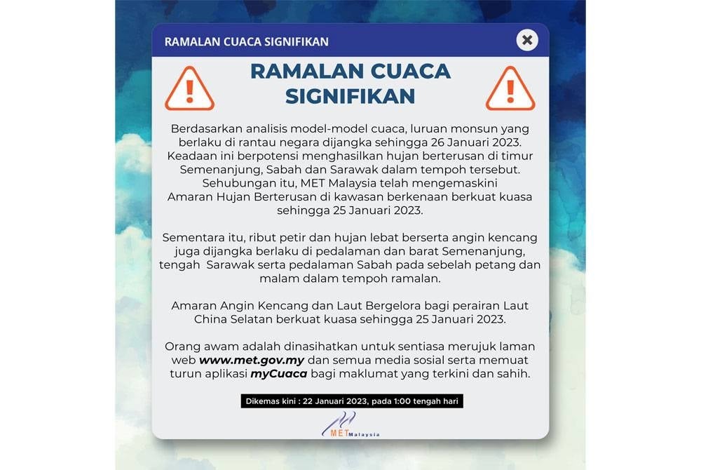 Kenyataan oleh MetMalaysia pada Ahad.