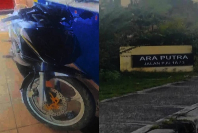 Seorang penunggang maut selepas motosikal ditungganginya dipercayai terbabas berhampiran Ara Putra sekitar jam 7.55 malam. - Foto PDRM