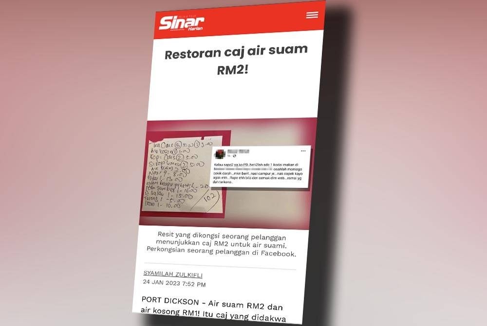 Laporan Sinar Harian berkenaan kedai yang tular mengenakan caj mahal kepada pelanggan