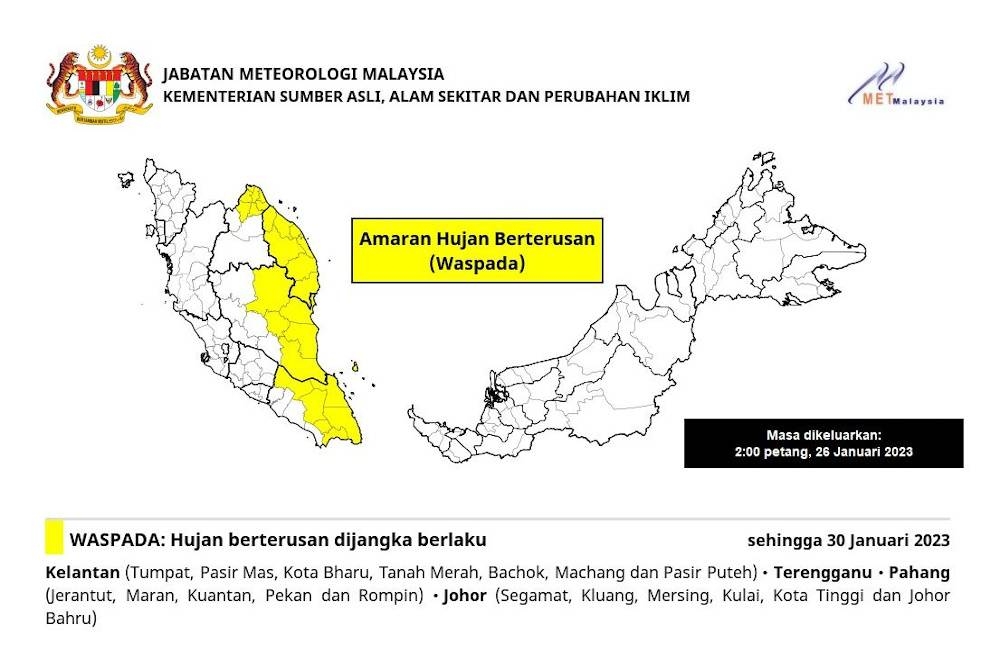 MetMalaysia mengeluarkan amaran hujan berterusan bagi negeri Kelantan, Terengganu, Pahang dan Johor sehingga 30 Januari ini.