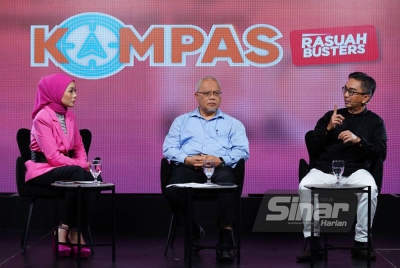 Program Kompas Rasuah Busters bertajuk ’Skandal hartanah tiada kesudahan’ bersama (dari kiri) Moderator, Anim Ezati Rizki, Presiden Persatuan Perunding Hartanah Muslim Malaysia, Ishak Ismail dan Peguam Hartanah, Aizac Ismail yang berlangsung di Kompleks Kumpulan Karangkraf pada Rabu. Foto MOHD HALIM ABDUL WAHI