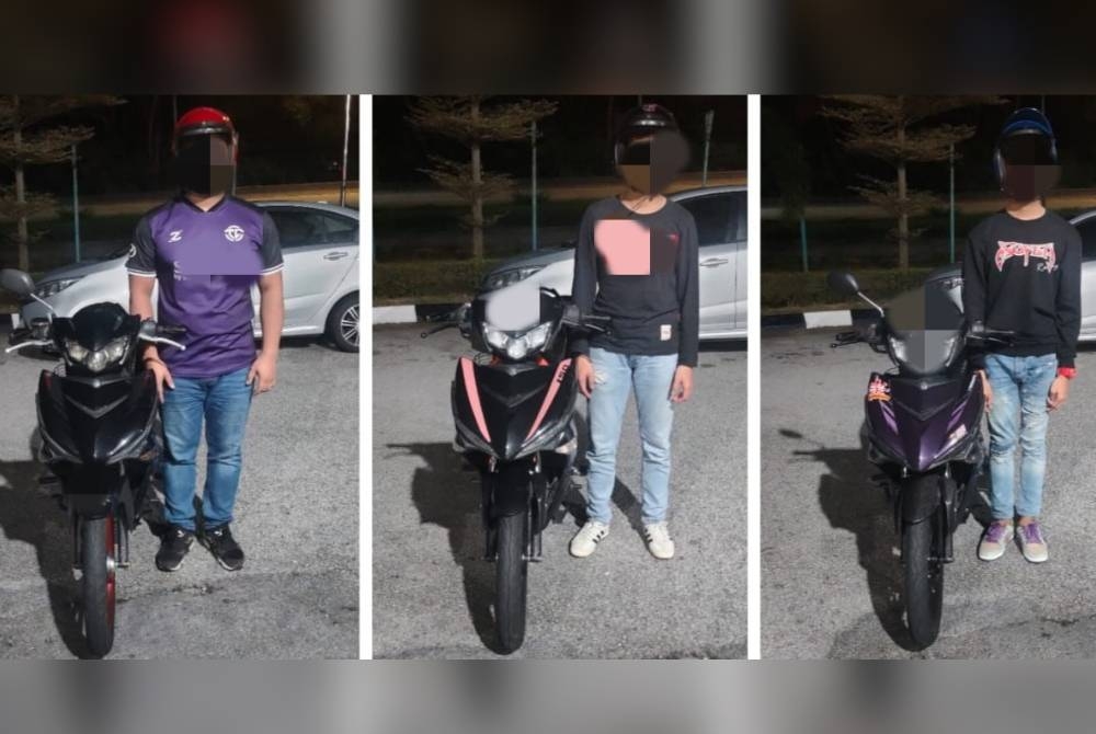 Polis menahan tiga penunggang motosikal selepas dikesan melakukan aksi samseng jalanan di Lebuhraya Elite, Sepang pada Sabtu.