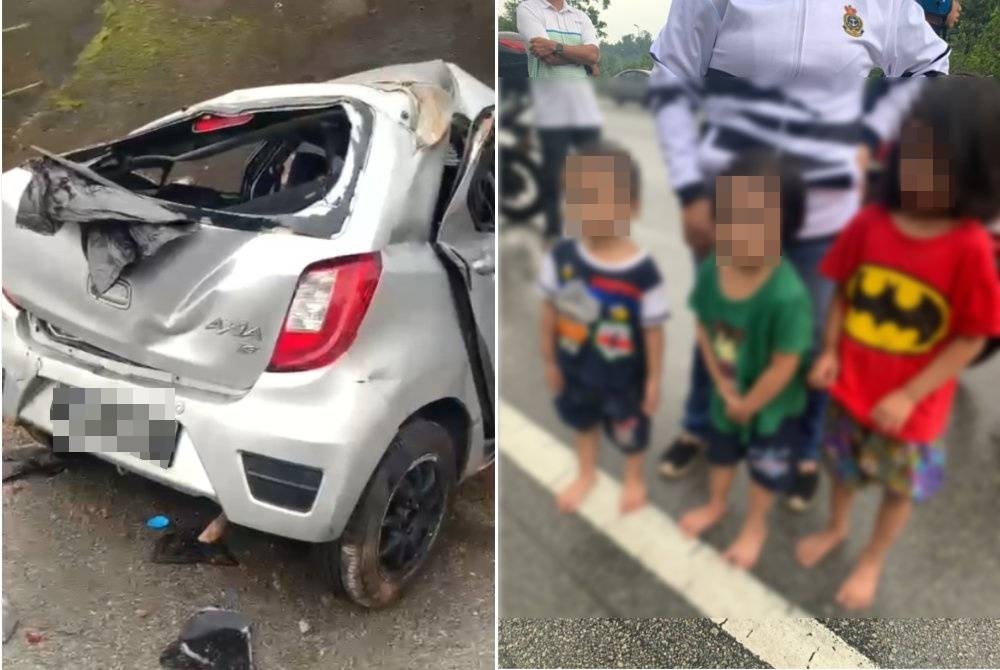 Keadaan kereta dan kanak-kanak yang terlibat dalam kemalangan dipercayai berlaku di KM5.7 Rawang Bypass pada petang Jumaat. - Foto Facebook