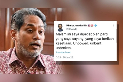 Ciapan Khairy di Twitter sejurus selepas UMNO memecat beliau.