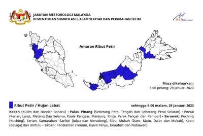 MetMalaysia mengeluarkan amaran ribut petir, hujan lebat dan angin kencang di lima negeri. - Foto FB MetMalaysia