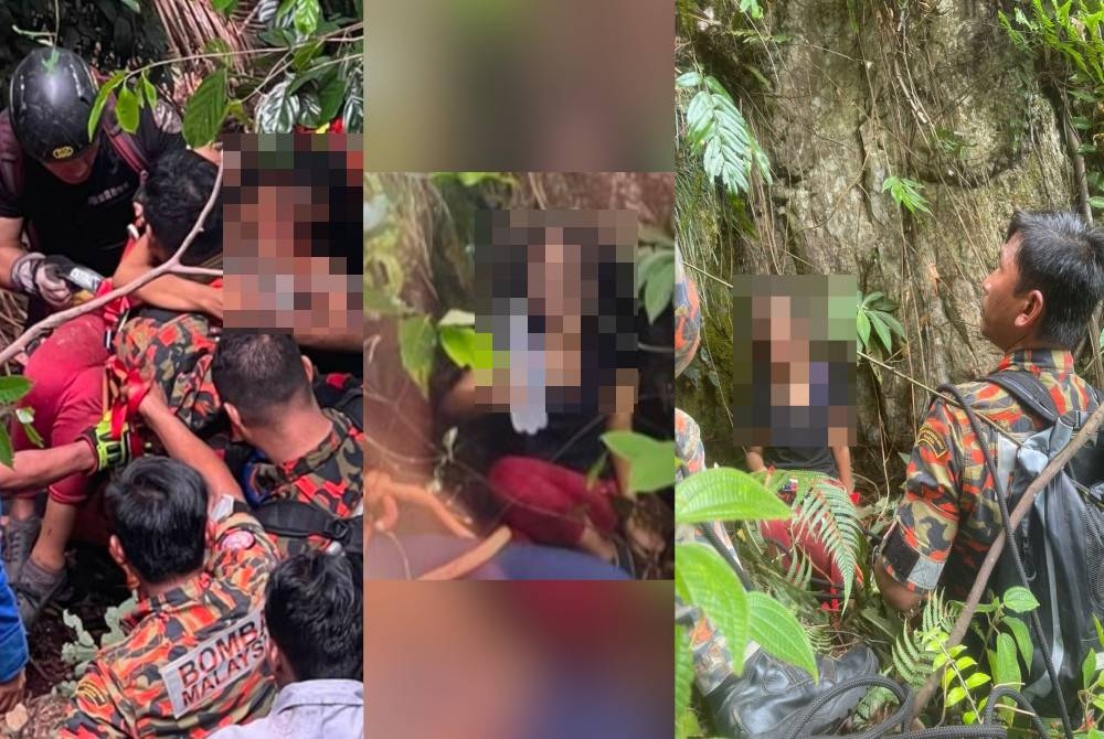 Mangsa dibantu pasukan penyelamat untuk dibawa turun.