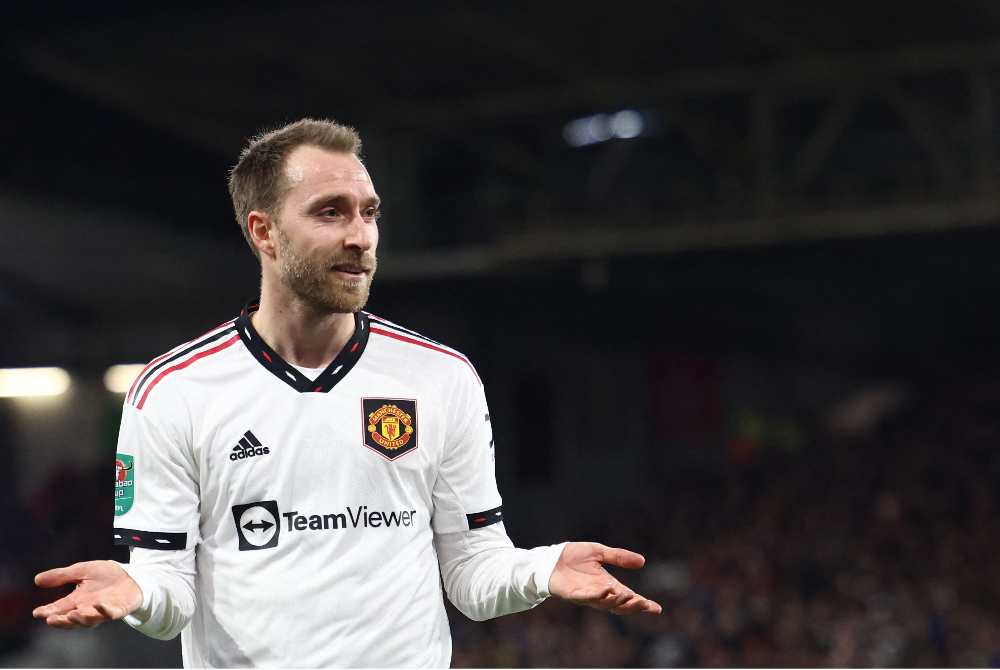 Eriksen memberi reaksi semasa perlawanan bola sepak separuh akhir pertama Piala Liga Inggeris antara Nottingham Forest dan Manchester United, di Stadium The City Ground, di Nottingham, tengah England, pada Rabu minggu lalu. - Foto AFP