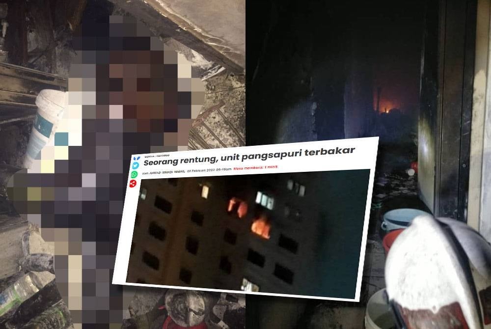 Gambar kiri: Mayat mangsa ditemukan dalam keadaan tertiarap berdekatan pintu masuk rumah di sebuah pangsapuri di Flora Damansara pada Selasa. Gambar kanan: Keadaan kebakaran sebuah unit pangsapuri di Flora Damansara di sini, pada Selasa. Gambar kecil: Laporan Sinar Harian pada Rabu