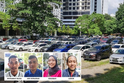 Kawasan parkir di Jalan Ampang, Kuala Lumpur. - Gambar kecil: Khadijah Hanani (kiri), Abu Hurairah, Muhamad Haziq, Azrun dan Marimuthu (kanan).