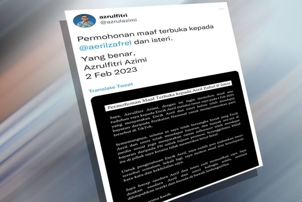 Kenyataan pengguna Twitter, Azrulfitri Azimi yang mengemukakan permohonan maaf terhadap Aeril dan isteri pada Khamis.