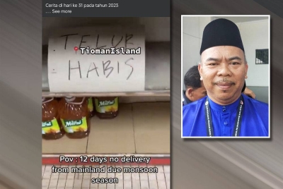 Tangkap layar video yang ditularkan seorang peniaga kedai di Pulau Tioman menunjukkan bekalan kebanyakan barang keperluan yang kehabisan ekoran tiada penghantaran masuk barang selama 12 hari akibat cuaca buruk dan laut bergelora. - Gambar kecil: Mohd Johari