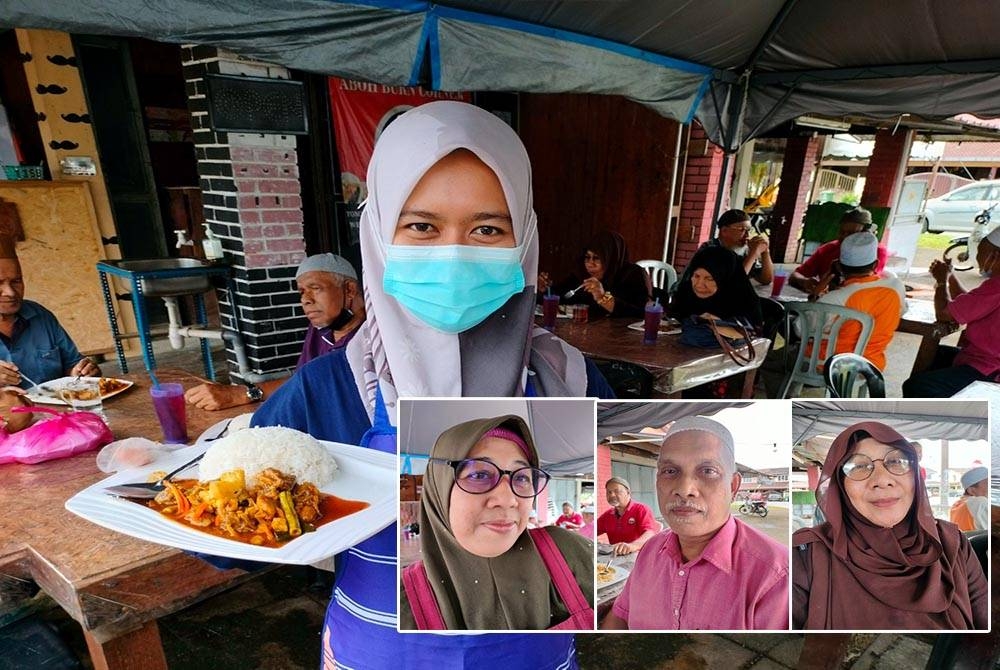 Pekerja Noor Salina menunjukkan dua Menu Rahmah iaitu ayam goreng kunyit dan ayam paprik yang ditawarkan kepada pelanggan di gerainya di Cenderawasih. (gambar kecil dari kiri : Noor Salina ,Kamaluddin dan Halijah)