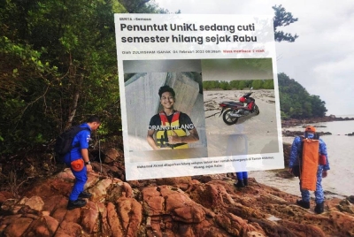 Anggota APM Mersing melakukan pencarian mangsa yang masih belum ditemui di sekitar Pulau Mawar, Endau, Mersing pada Sabtu. (Gamabr dalam : Laporan Sinar Harian.)