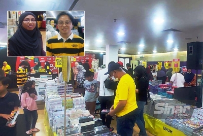 Suasana Jualan Gudang Karangkraf 2023 yang berlangsung di Kompleks Karangkraf, Seksyen 15, Shah Alam. Gambar kecil: Alif Mu’amin dan Nurul Hashikin.