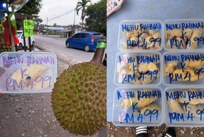 Peniaga Durian di Jalan Kebun yang dikenali Durians Atok menjual raja buah tersebut dengan hanya RM4.99 sebekas.