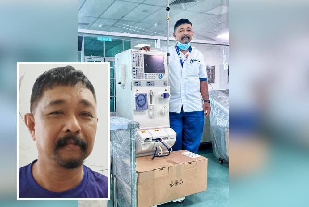 Khalipulzan bersama salah sebuah mesin dialisis yang disumbang kepada Pusat Perkhidmatan Hemodialisis MAIPs Hospital Tuanku Fauziah (HTF). (Gambar kecil: Khalipulzan)