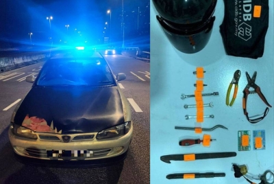 Gambar kiri: Kenderaan yang dipandu suspek. Gambar kanan: Peralatan yang dijumpai di dalam kereta suspek turut dirampas bagi membantu siasatan.