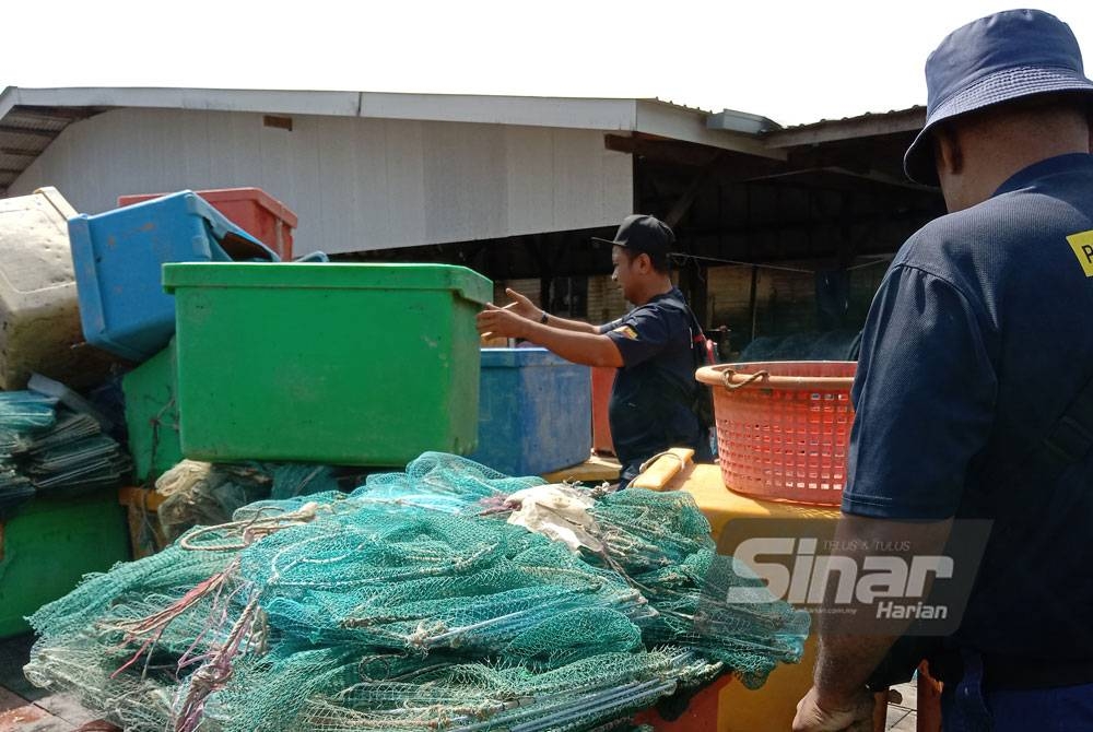 Anggota Jabatan Perikanan Selangor sedang memunggah bubu naga yang disorokkan dalam timbunan tong ais menerusi operasi khas yang dijalankan di sekitar Kuala Selangor dan Tanjung Karang pada Khamis.