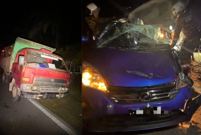 Keadaan kereta Perodua Alza dan lori yang terbabit dalam kemalangan berkenaan.