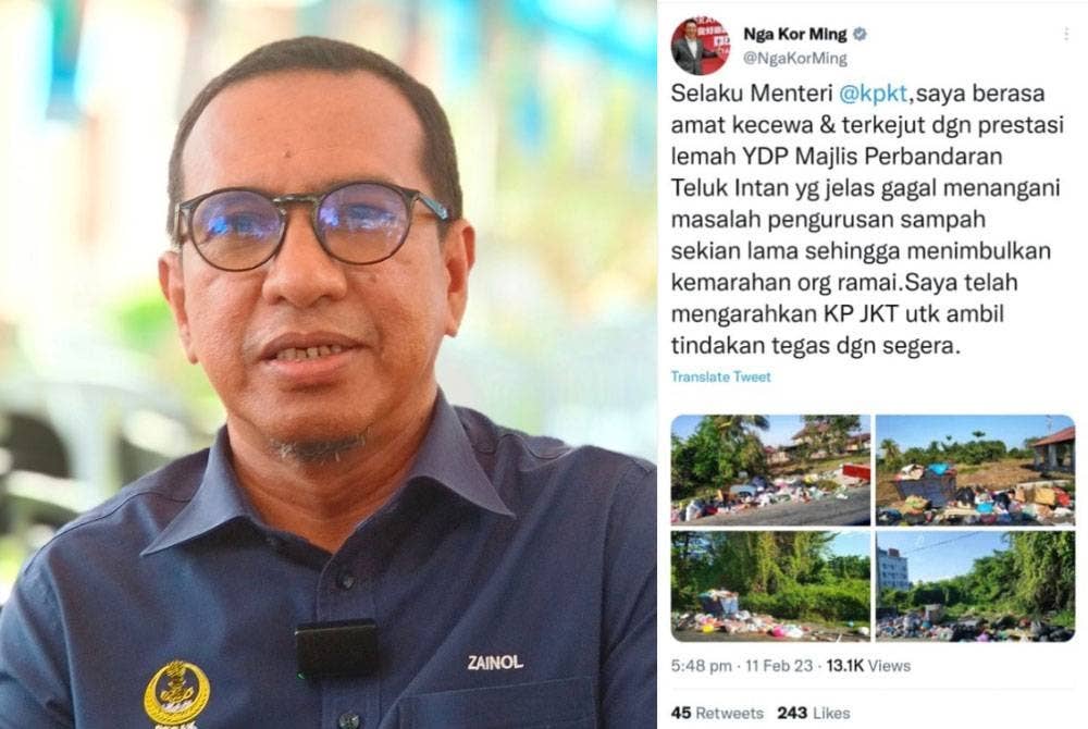Zainol Fadzi. Gambar kanan: Kor Ming menerusi akaun Twitternya menyatakan kekecewaan kegagalan MPTI menangani masalah pengurusan sampah