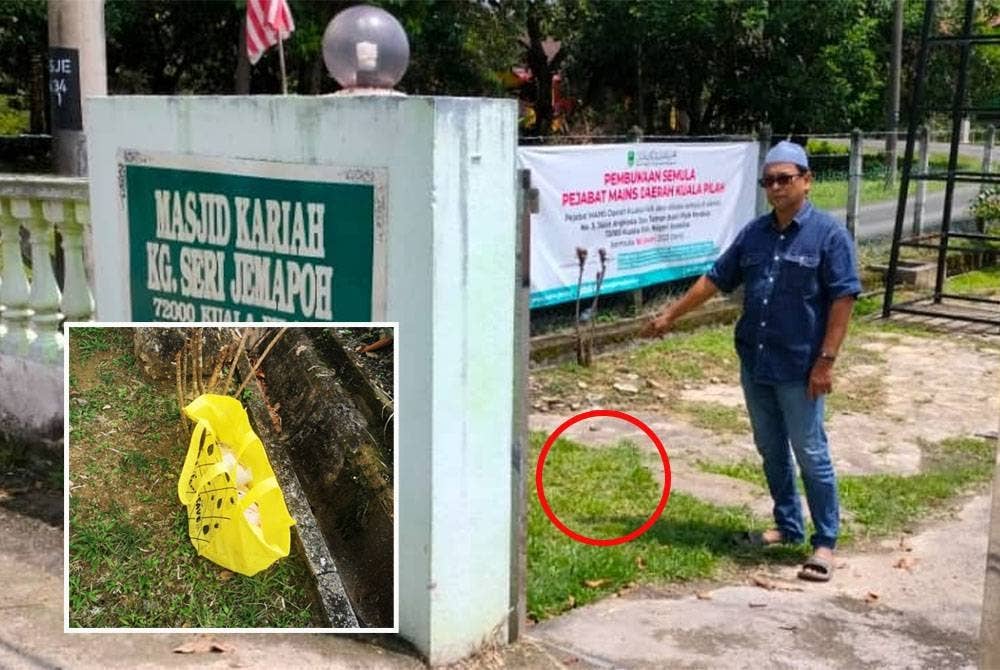 Shariza menunjukkan lokasi penemuan mayat bayi perempuan. (Gambar kecil: Bungkusan mengandungi mayat bayi perempuan. (Foto PDRM))