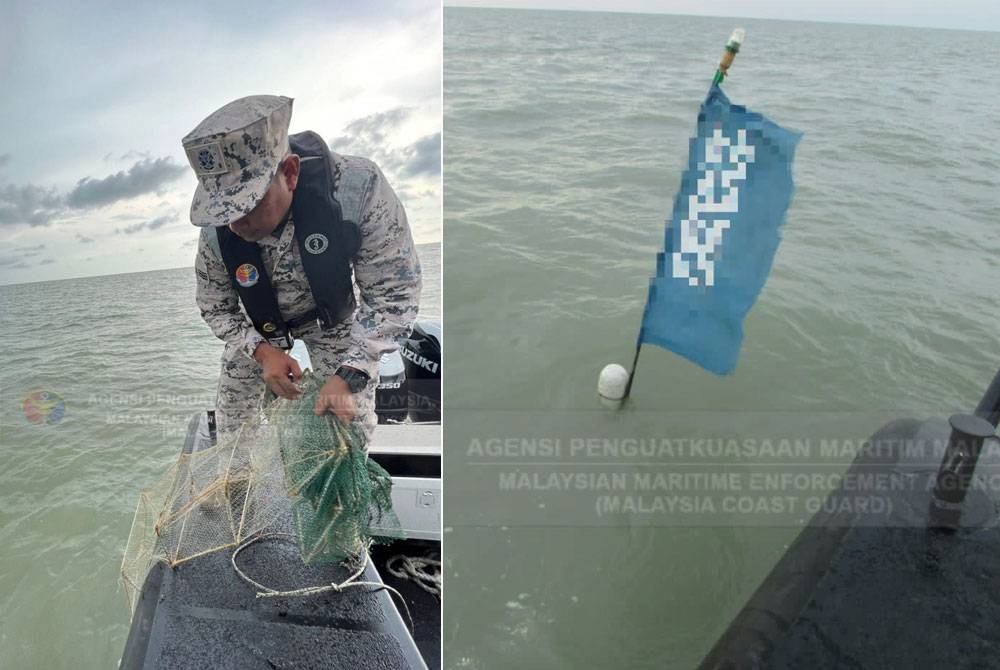 Pegawai Maritim Malaysia merampas bubu naga yang ditemui. Gambar kanan. Penemuan bendera di perairan Kerian membongkarkan kegiatan perikanan menggunakan bubu naga. -- Foto ihsan Maritim Malaysia