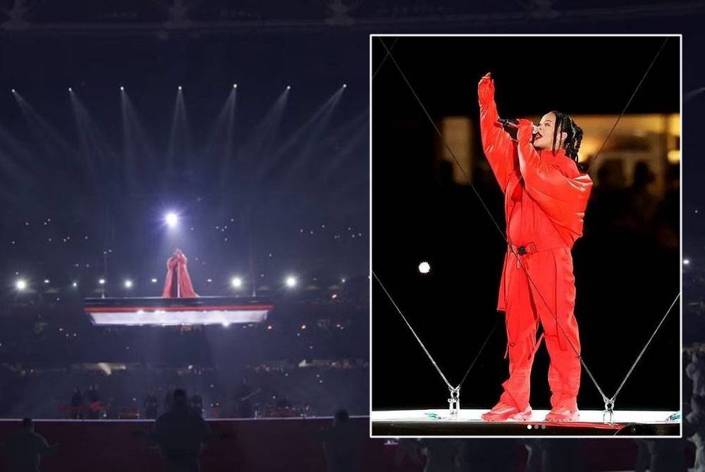 Rihanna mengumumkan berita kehamilannya ketika membuat persembahan di Super Bowl Halftime 2023 pada Ahad. - Foto IG Rihanna