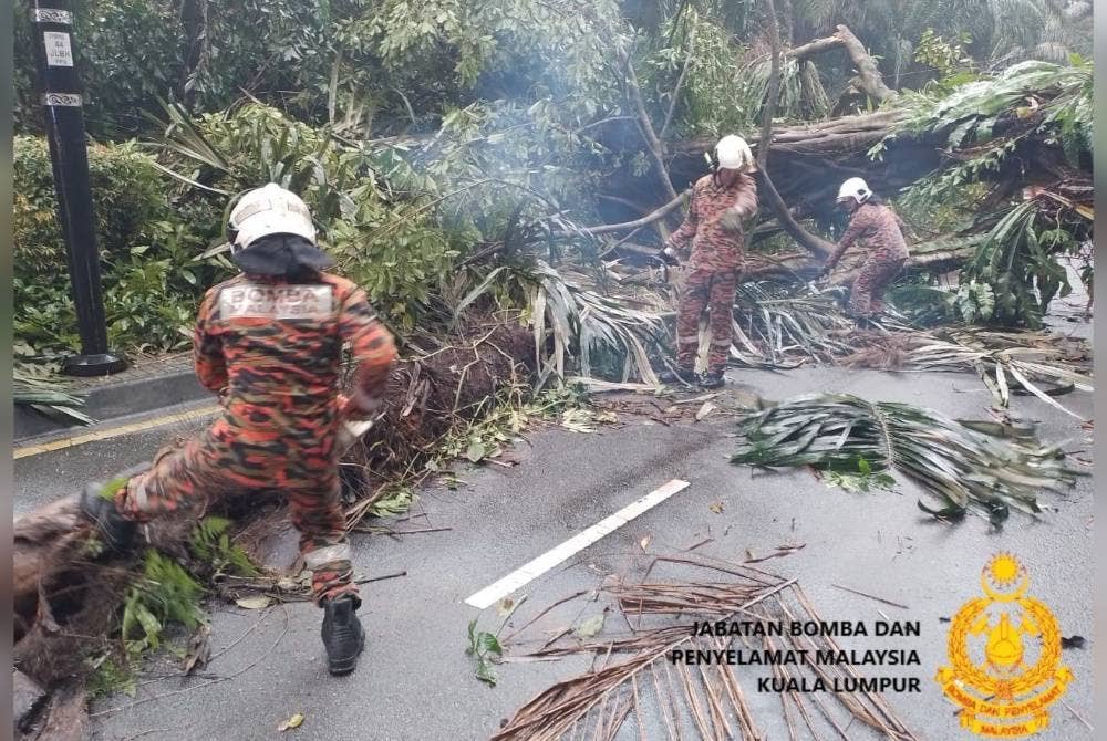 Anggota bomba menjalankan kerja-kerja memotong dan mengalihkan pokok. - Foto JBPM Kuala Lumpur
