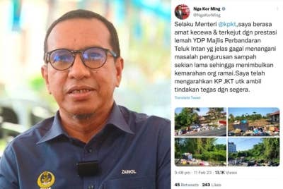 Zainol Fadzi. Gambar kanan: Kor Ming menerusi akaun Twitternya menyatakan kekecewaan kegagalan MPTI menangani masalah pengurusan sampah