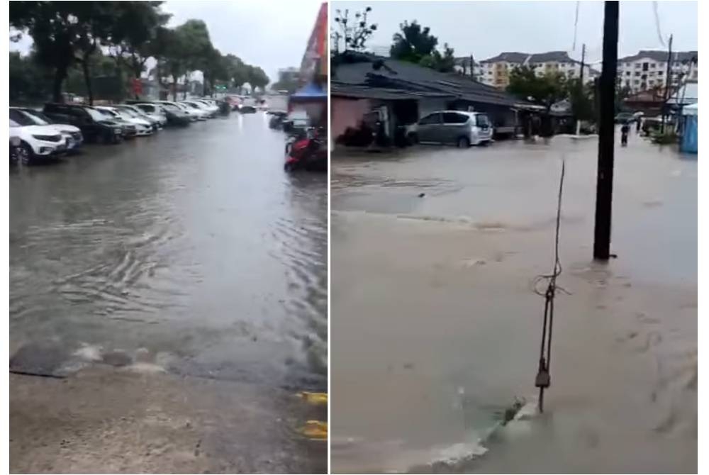Keadaan di Larkin Perdana yang turut dilanda banjir kilat.- Foto tular (Kanan: Foto tular keadaan banjir kilat di Kampung Dato Hajah Hasnah Majidee yang berlaku pada petang Selasa.)